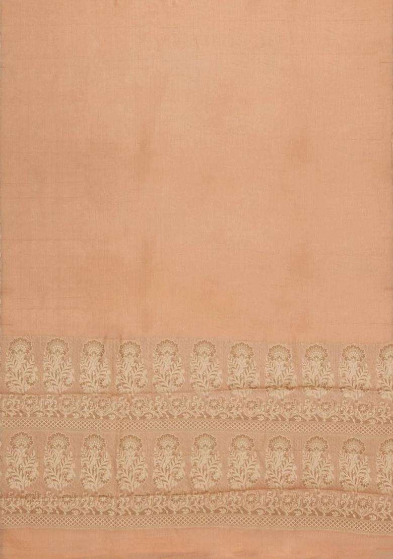 Light Peach Woven Tussar Silk Saree With Thread Work Border With Traditional Woven Design For Women - Indya