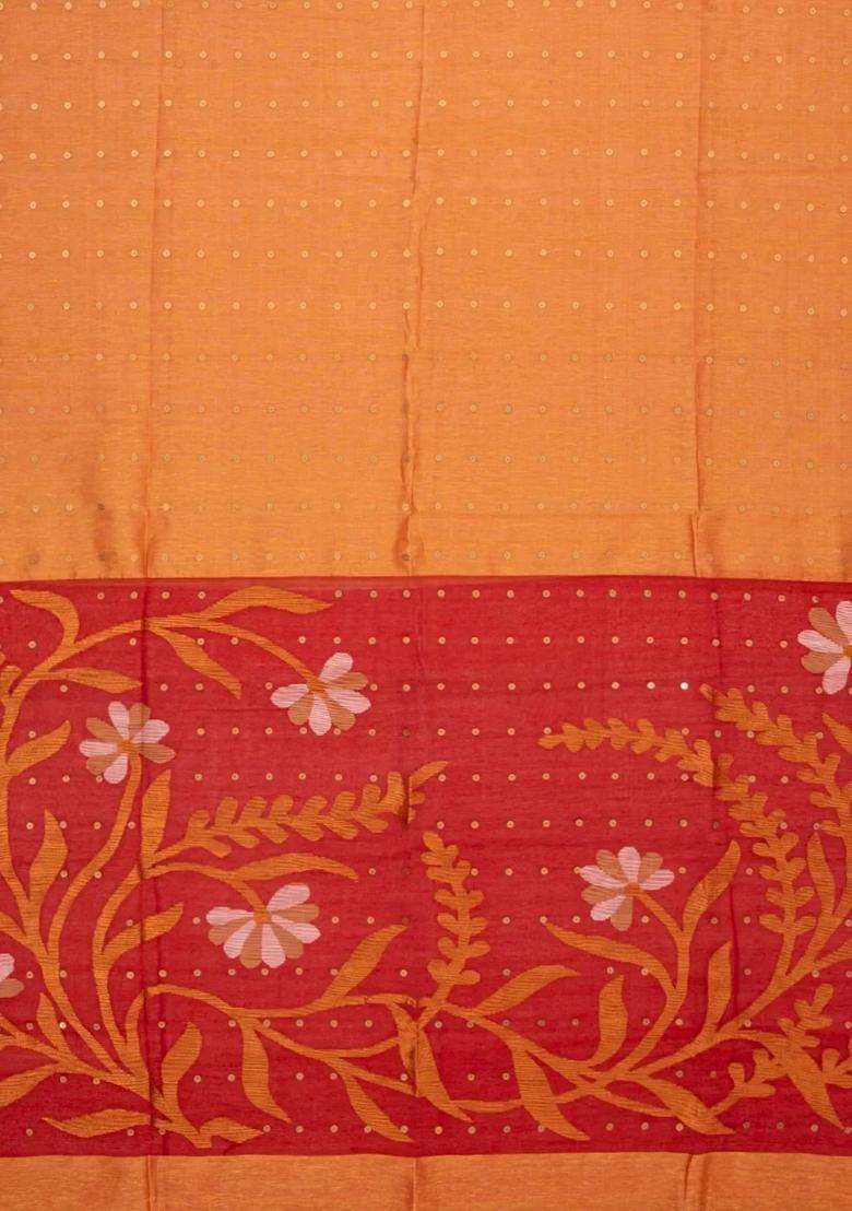 Orange Woven Tussar Silk Saree With Buttas Contrast Pallu With Buttas And Brocade Design For Women - Indya