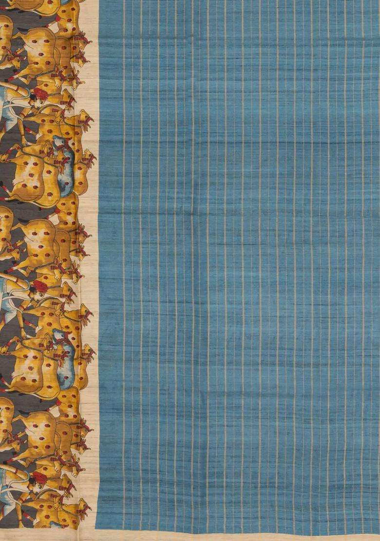 Steel Blue Woven Tussar Silk Saree With Stripes Printed Pichwai Motifs For Women - Indya