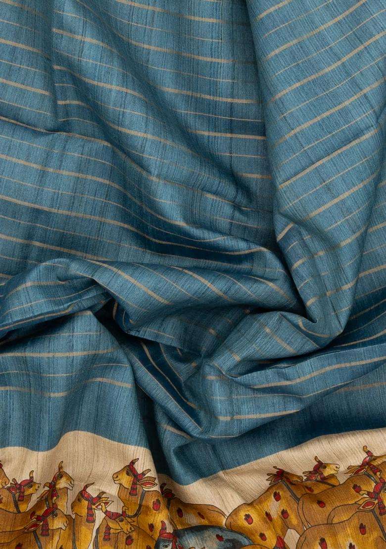 Steel Blue Woven Tussar Silk Saree With Stripes Printed Pichwai Motifs For Women - Indya