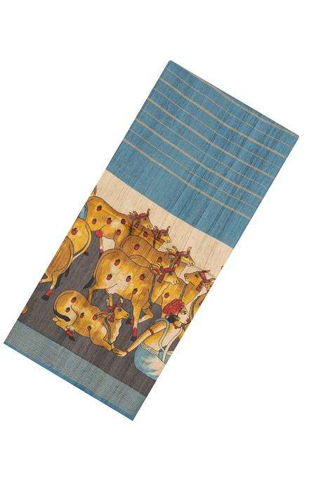 Steel Blue Woven Tussar Silk Saree With Stripes Printed Pichwai Motifs For Women
