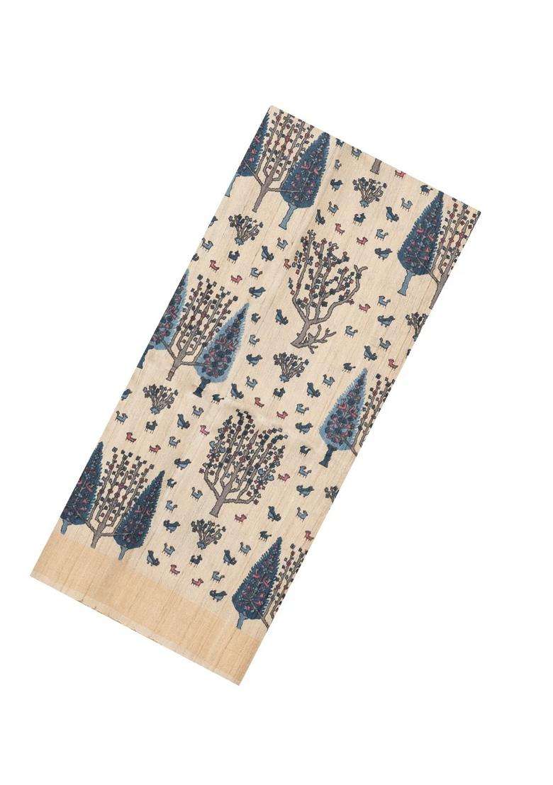 Taupe Woven Tussar Silk Saree With Printed Blue Floral Motifs For Women - Indya