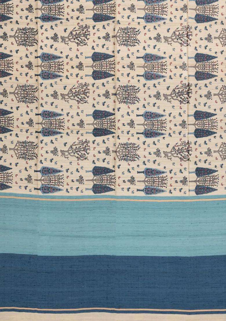 Taupe Woven Tussar Silk Saree With Printed Blue Floral Motifs For Women - Indya