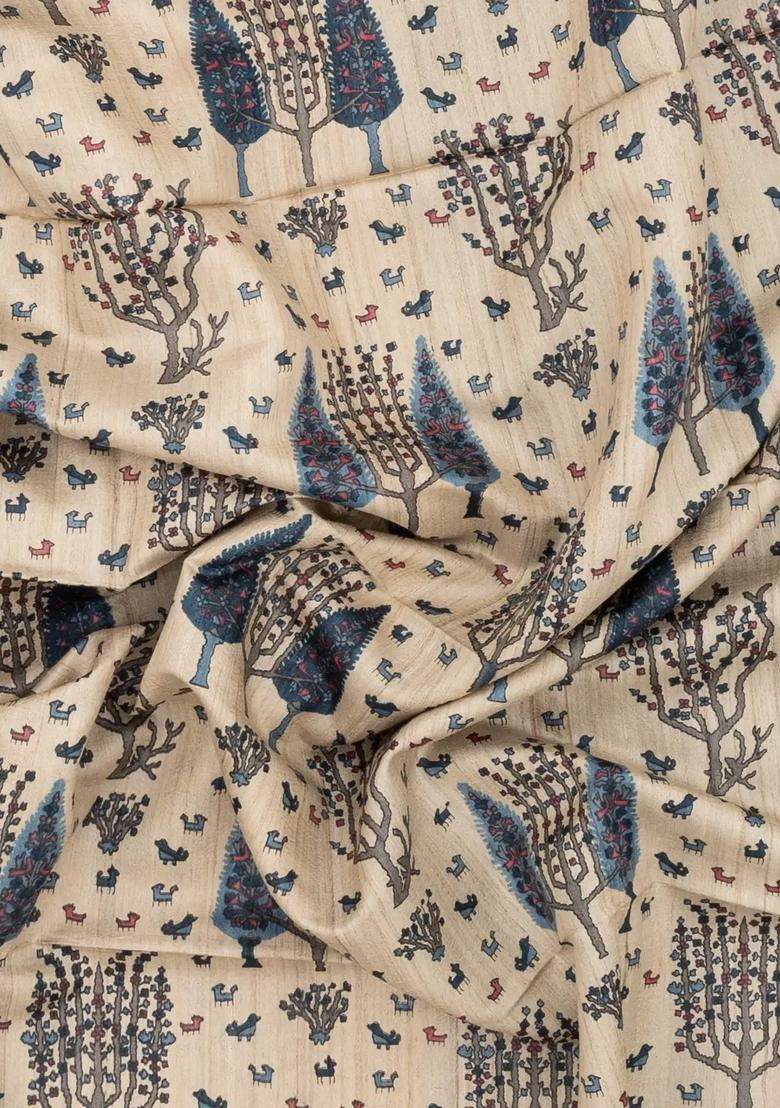 Taupe Woven Tussar Silk Saree With Printed Blue Floral Motifs For Women - Indya