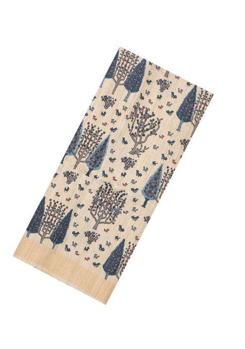 Taupe Woven Tussar Silk Saree With Printed Blue Floral Motifs For Women