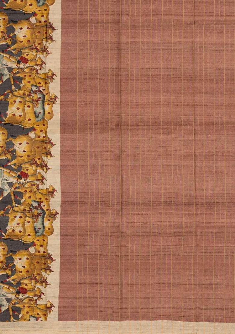 Dusty Pink Woven Tussar Silk Saree With Stripes Printed Madhubani Motifs For Women - Indya