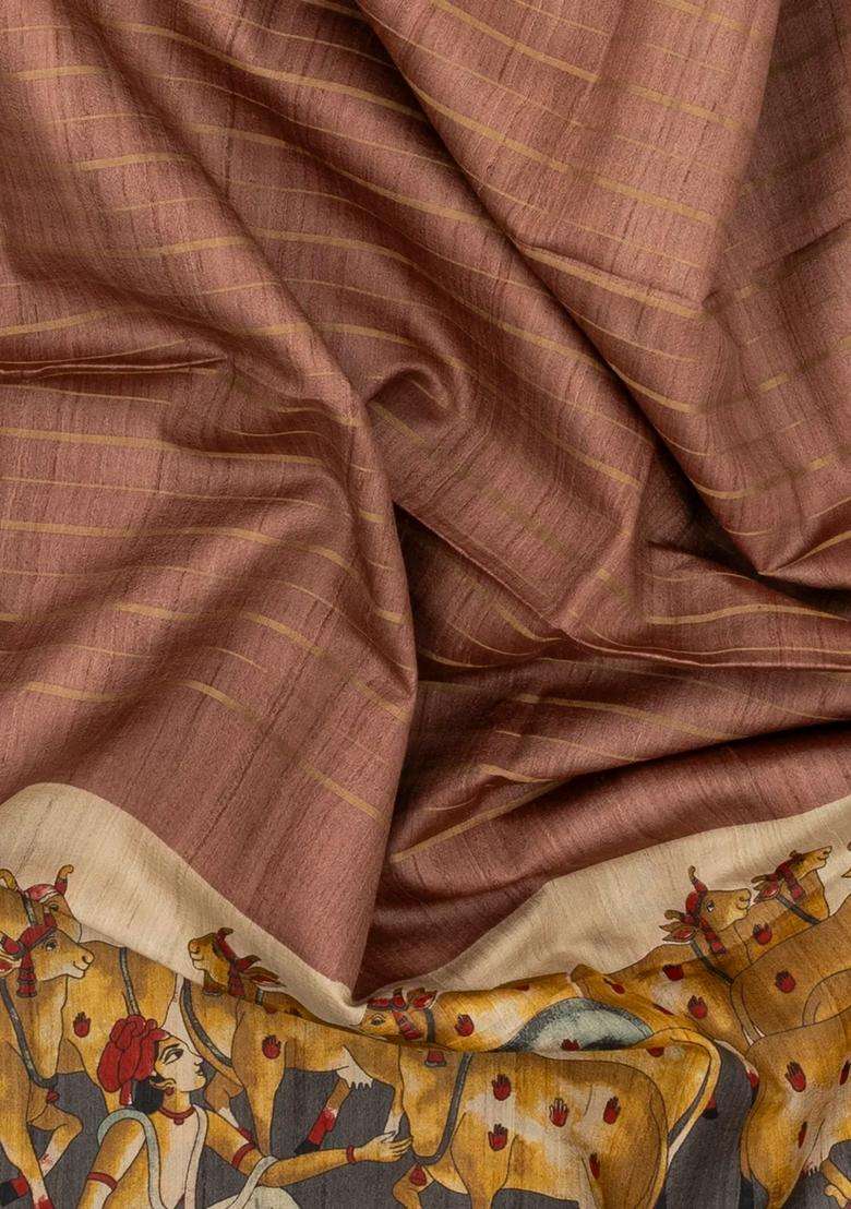 Dusty Pink Woven Tussar Silk Saree With Stripes Printed Madhubani Motifs For Women - Indya
