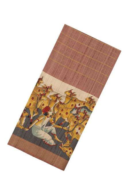 Dusty Pink Woven Tussar Silk Saree With Stripes Printed Madhubani Motifs For Women