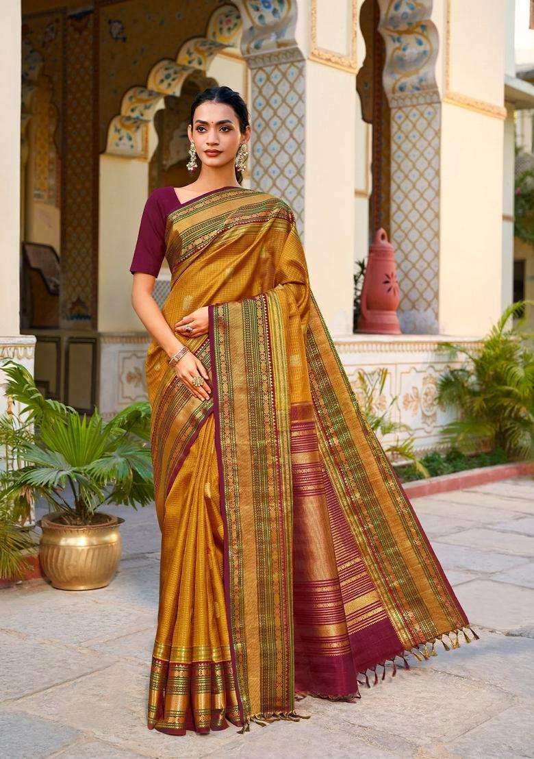 Mango Yellow Handloom Korvai Kanchipuram Silk Saree With Zari Checks Buttas With Korvai And Temple Border Design For Women - Indya
