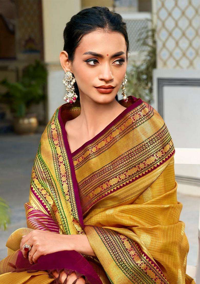 Mango Yellow Handloom Korvai Kanchipuram Silk Saree With Zari Checks Buttas With Korvai And Temple Border Design For Women - Indya