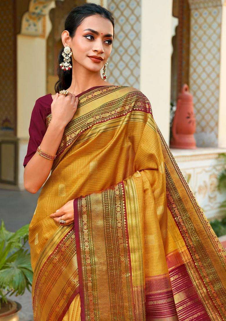 Mango Yellow Handloom Korvai Kanchipuram Silk Saree With Zari Checks Buttas With Korvai And Temple Border Design For Women - Indya