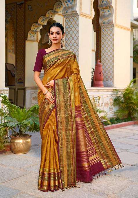Mango Yellow Handloom Korvai Kanchipuram Silk Saree With Zari Checks Buttas With Korvai And Temple Border Design For Women