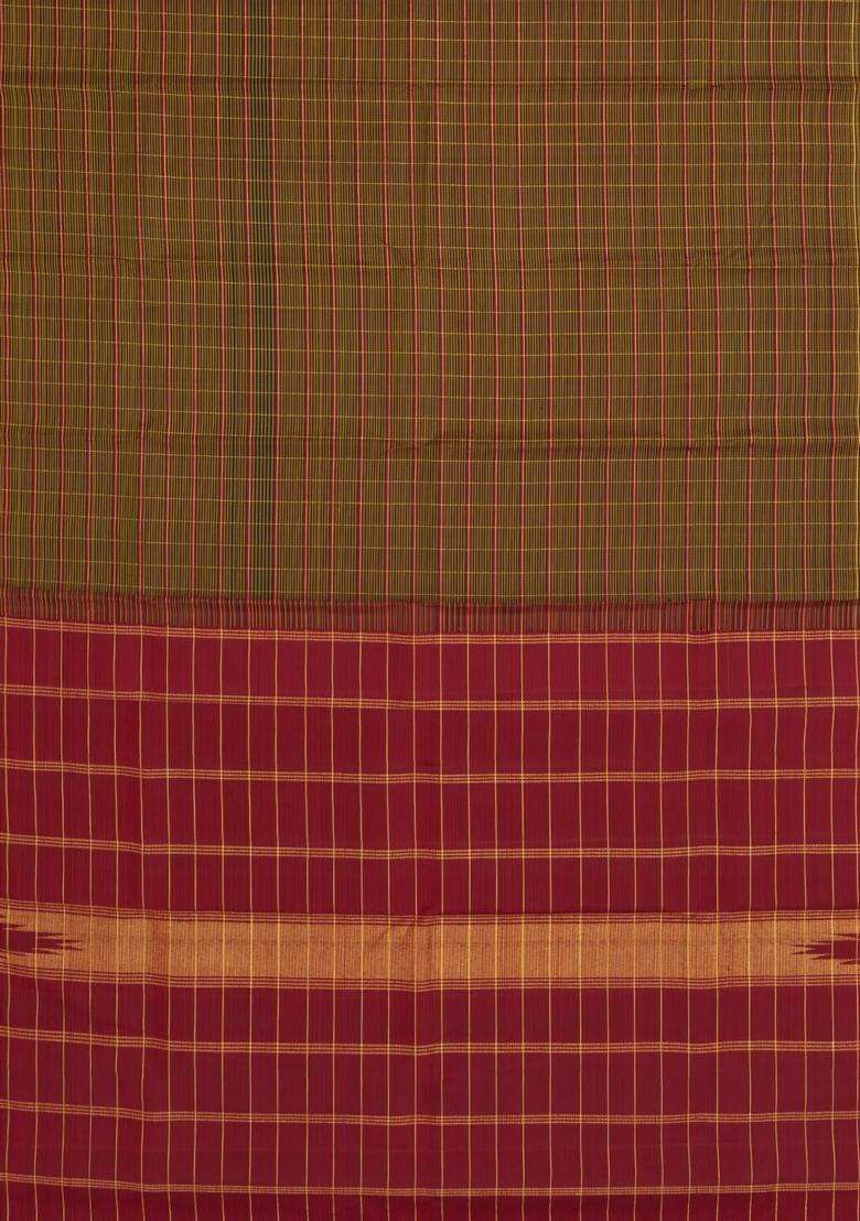 Black Handloom Kanchipuram Silk Saree With Zari Checks With Checks And Stripes Design For Women - Indya