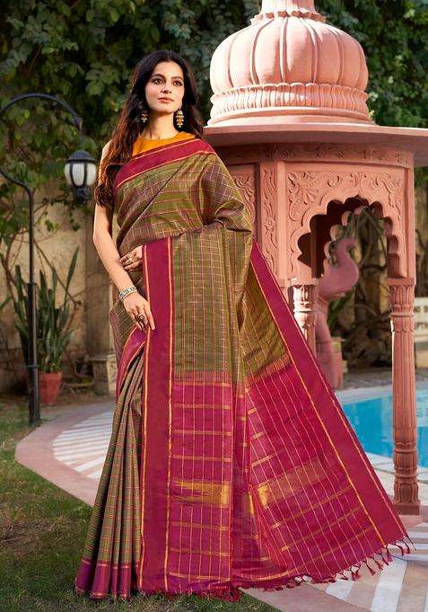 Black Handloom Kanchipuram Silk Saree With Zari Checks With Checks And Stripes Design For Women