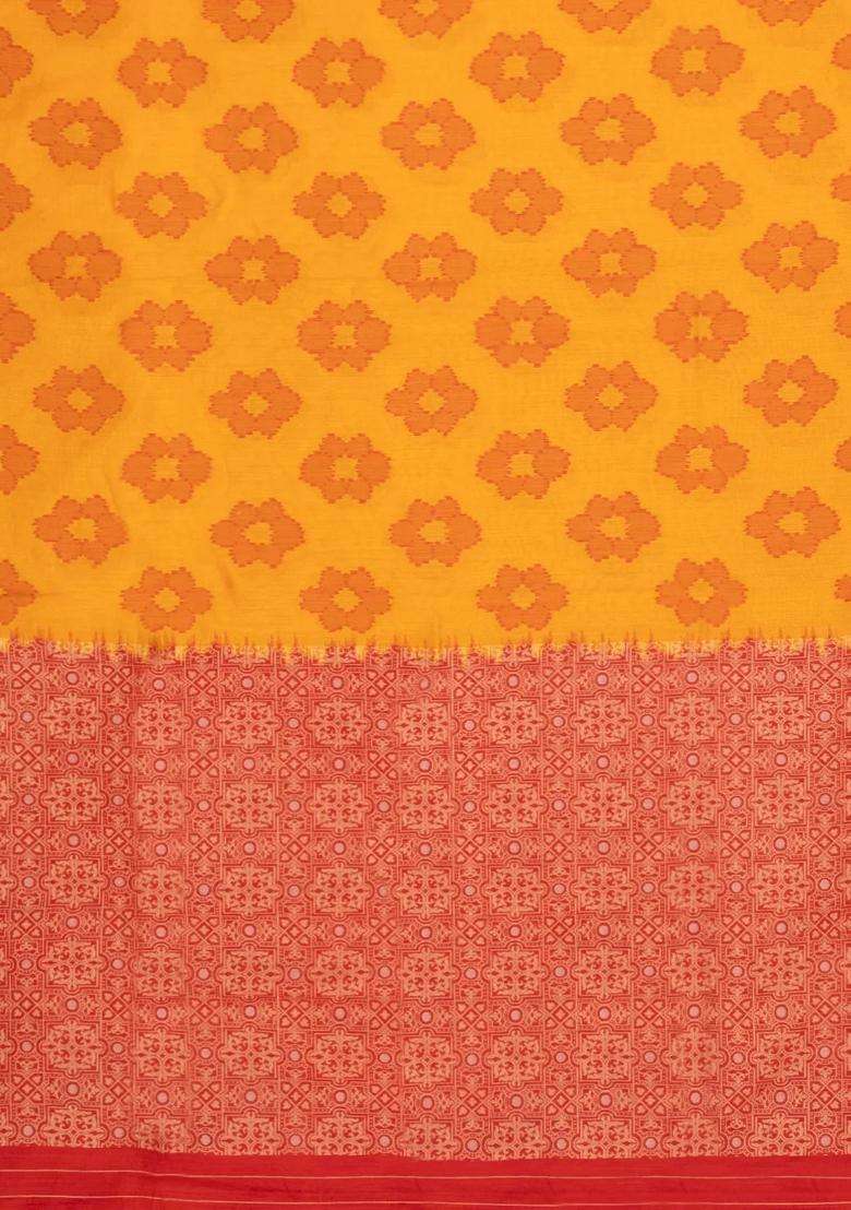 Mustard Woven Art Dupion Art Silk Saree With Printed Floral Motifs For Women - Indya