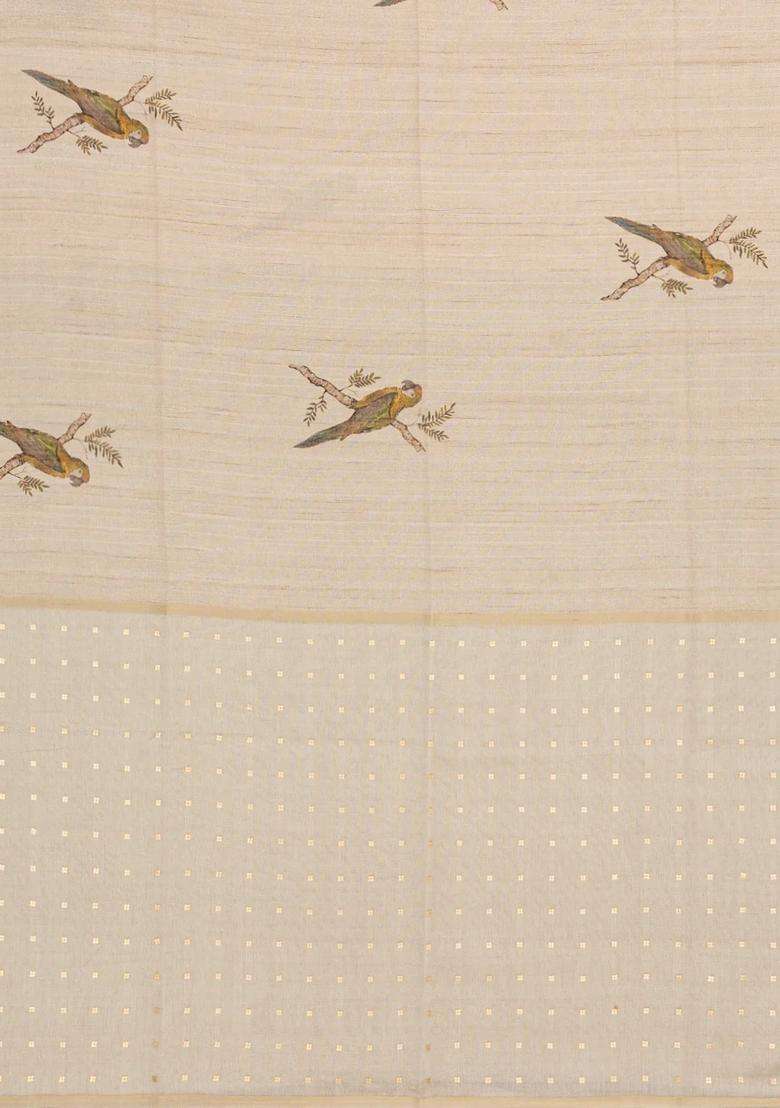 Taupe Woven Synthetic Manipur Silk Saree With Mustard Printed Bird Motifs For Women - Indya