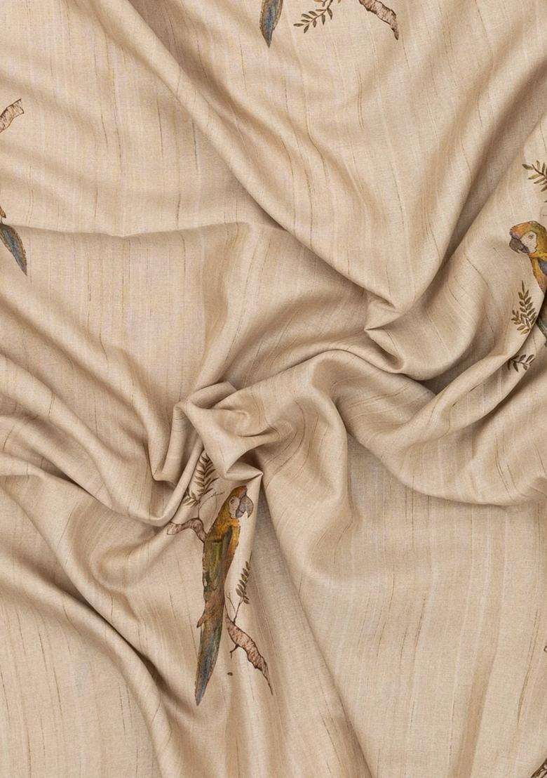 Taupe Woven Synthetic Manipur Silk Saree With Mustard Printed Bird Motifs For Women - Indya