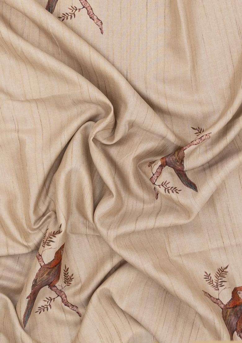 Taupe Woven Synthetic Manipur Silk Saree With Red Printed Bird Motifs For Women - Indya