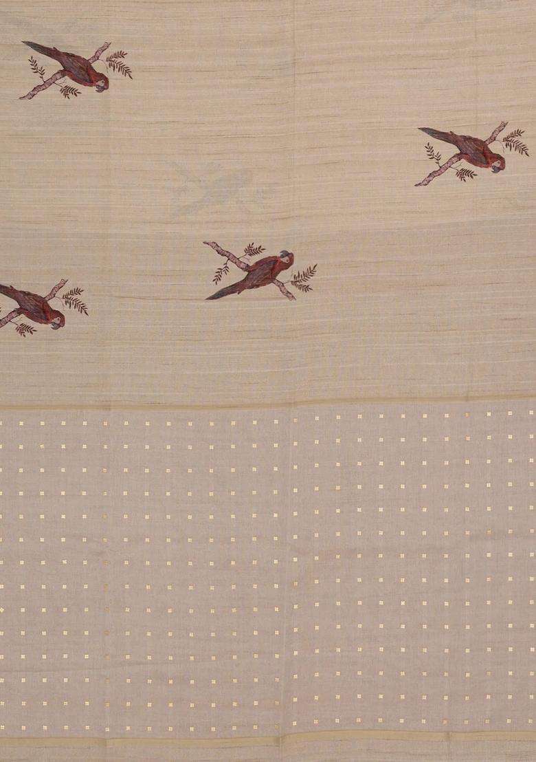 Taupe Woven Synthetic Manipur Silk Saree With Crimson Printed Bird Motifs For Women - Indya