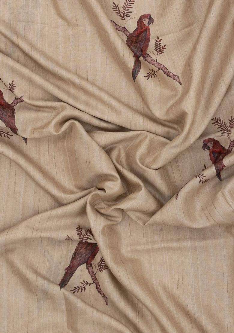 Taupe Woven Synthetic Manipur Silk Saree With Crimson Printed Bird Motifs For Women - Indya