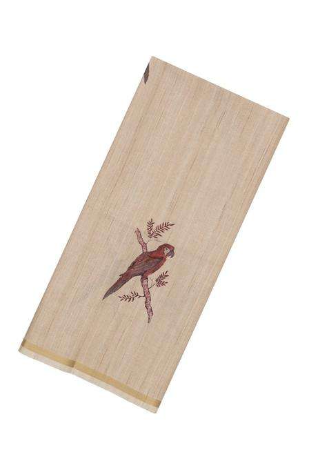 Taupe Woven Synthetic Manipur Silk Saree With Crimson Printed Bird Motifs For Women