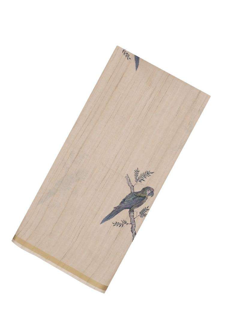 Taupe Woven Synthetic Manipur Silk Saree With Blue Printed Bird Motifs For Women - Indya