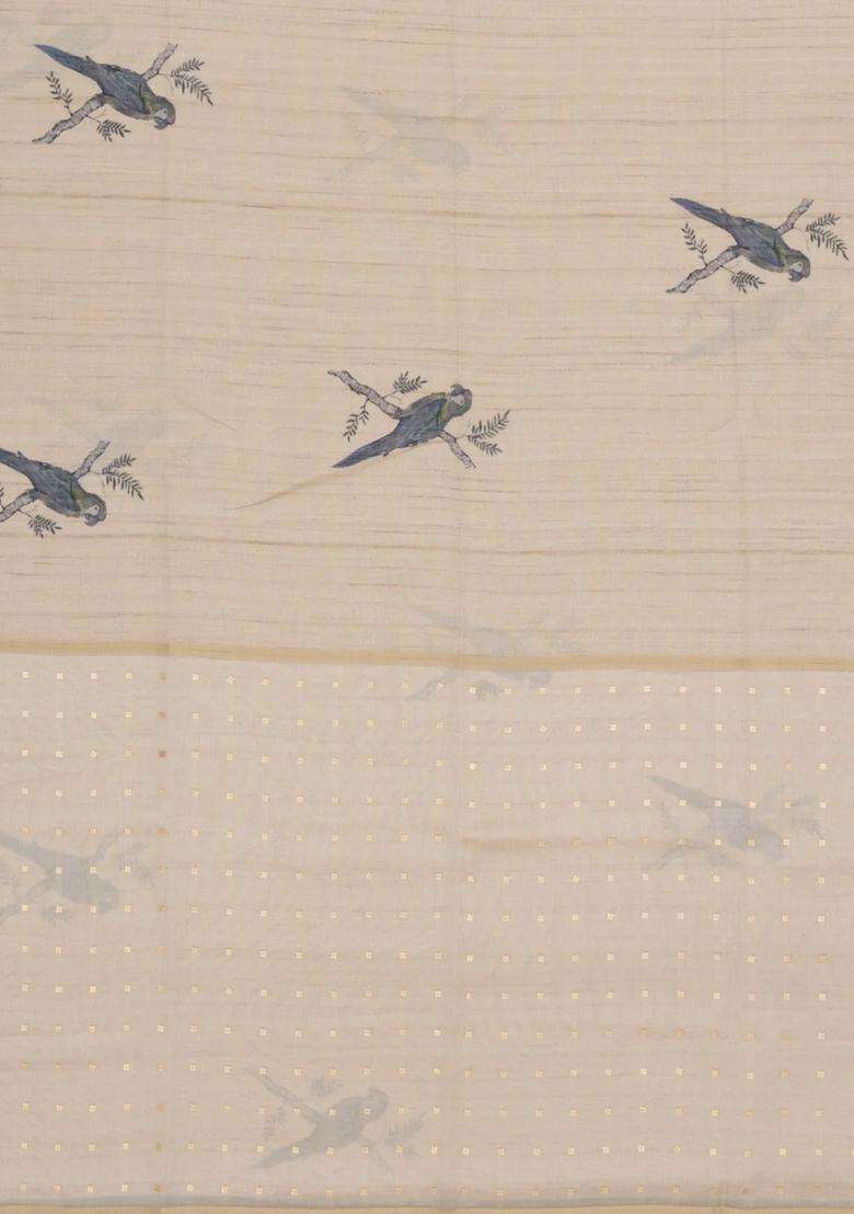 Taupe Woven Synthetic Manipur Silk Saree With Blue Printed Bird Motifs For Women - Indya