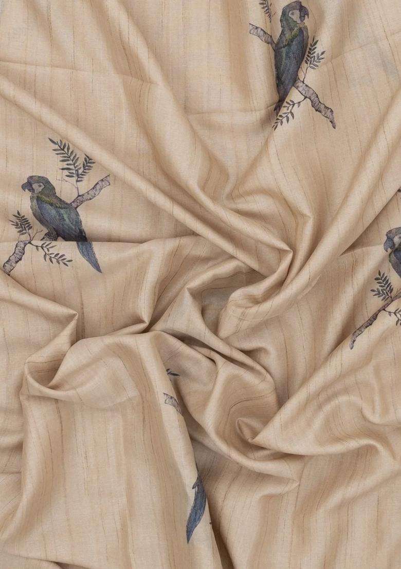 Taupe Woven Synthetic Manipur Silk Saree With Blue Printed Bird Motifs For Women - Indya
