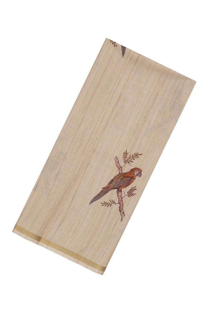 Taupe Woven Synthetic Manipur Silk Saree With Rust Printed Bird Motifs For Women - Indya