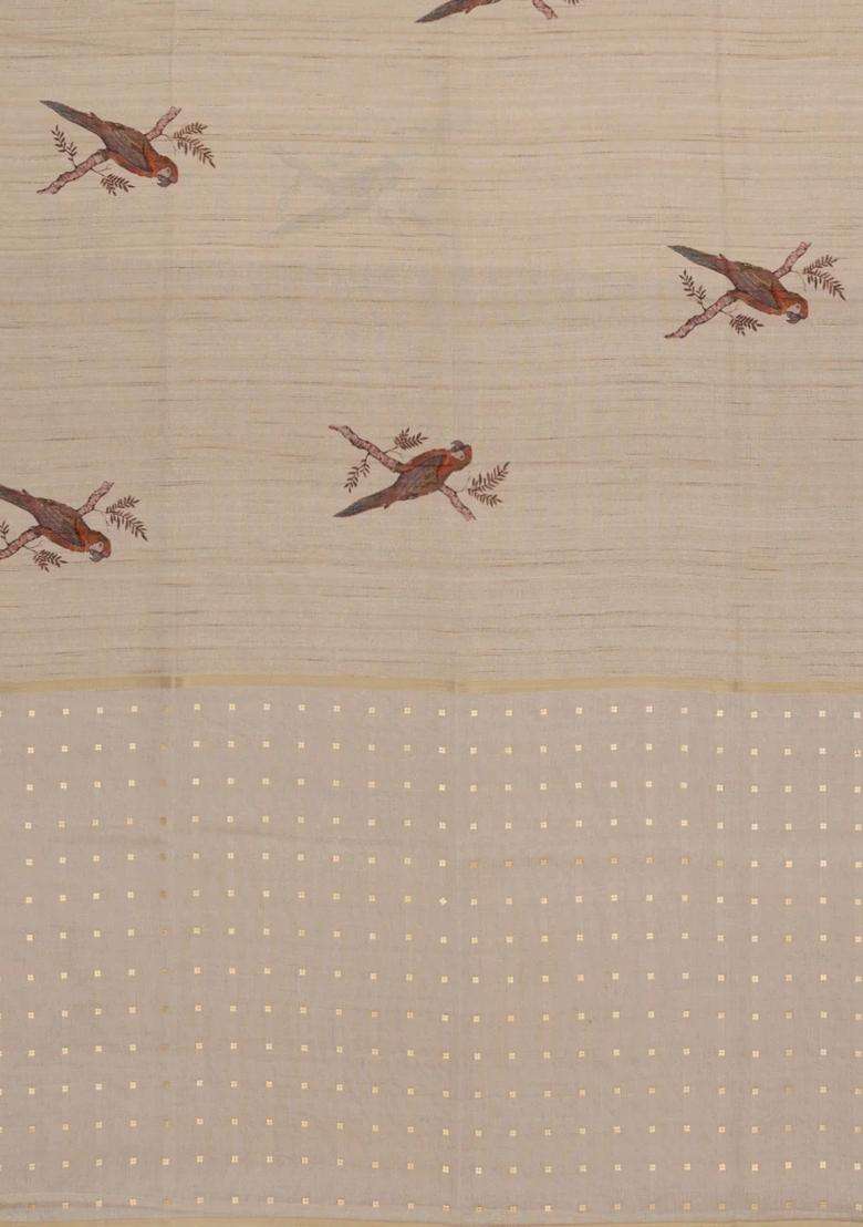 Taupe Woven Synthetic Manipur Silk Saree With Rust Printed Bird Motifs For Women - Indya