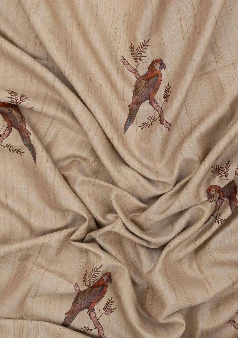 Taupe Woven Synthetic Manipur Silk Saree With Rust Printed Bird Motifs For Women - Indya