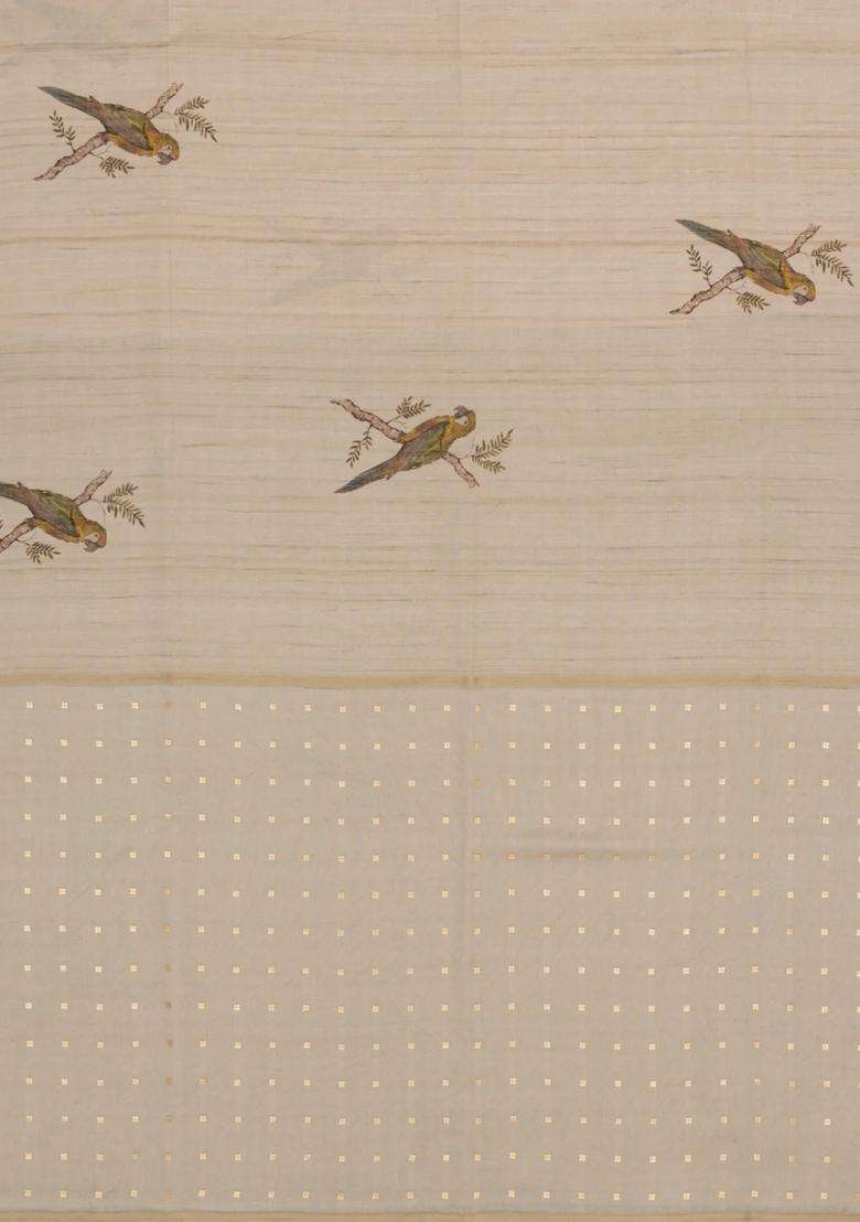 Taupe Woven Synthetic Manipur Silk Saree With Olive Printed Bird Motifs For Women - Indya