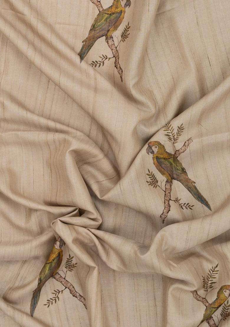 Taupe Woven Synthetic Manipur Silk Saree With Olive Printed Bird Motifs For Women - Indya