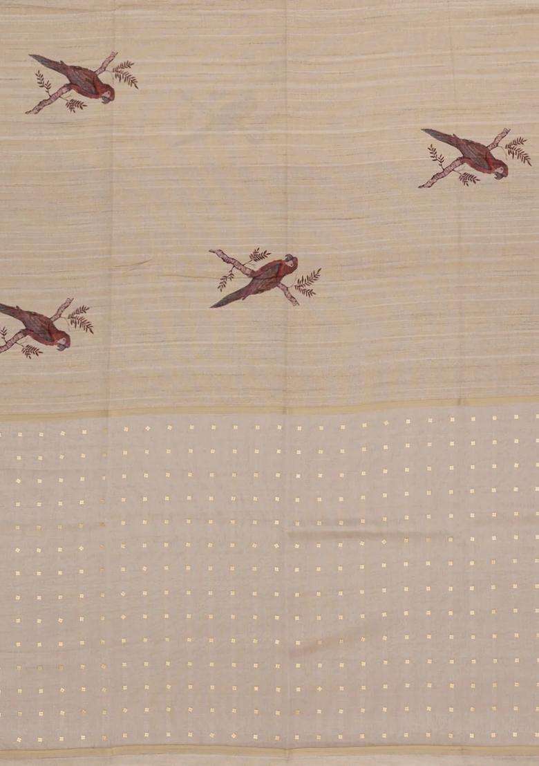 Taupe Woven Synthetic Manipur Silk Saree With Brown Printed Bird Motifs For Women - Indya