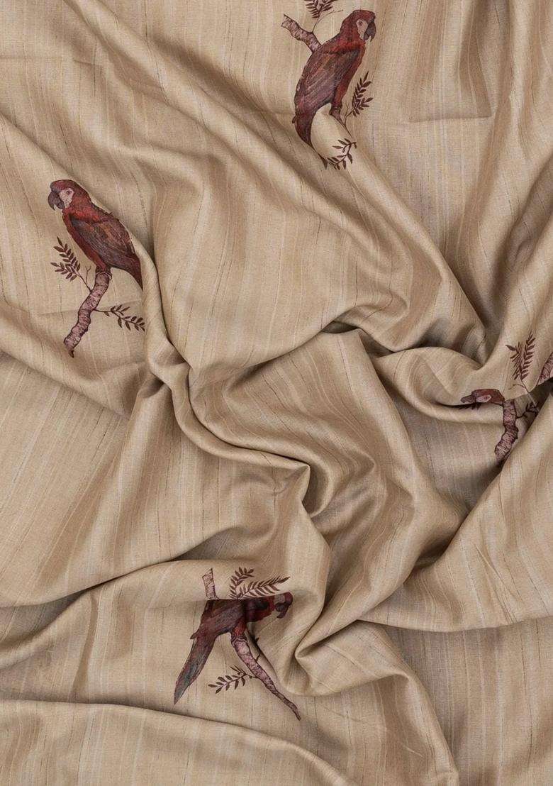 Taupe Woven Synthetic Manipur Silk Saree With Brown Printed Bird Motifs For Women - Indya