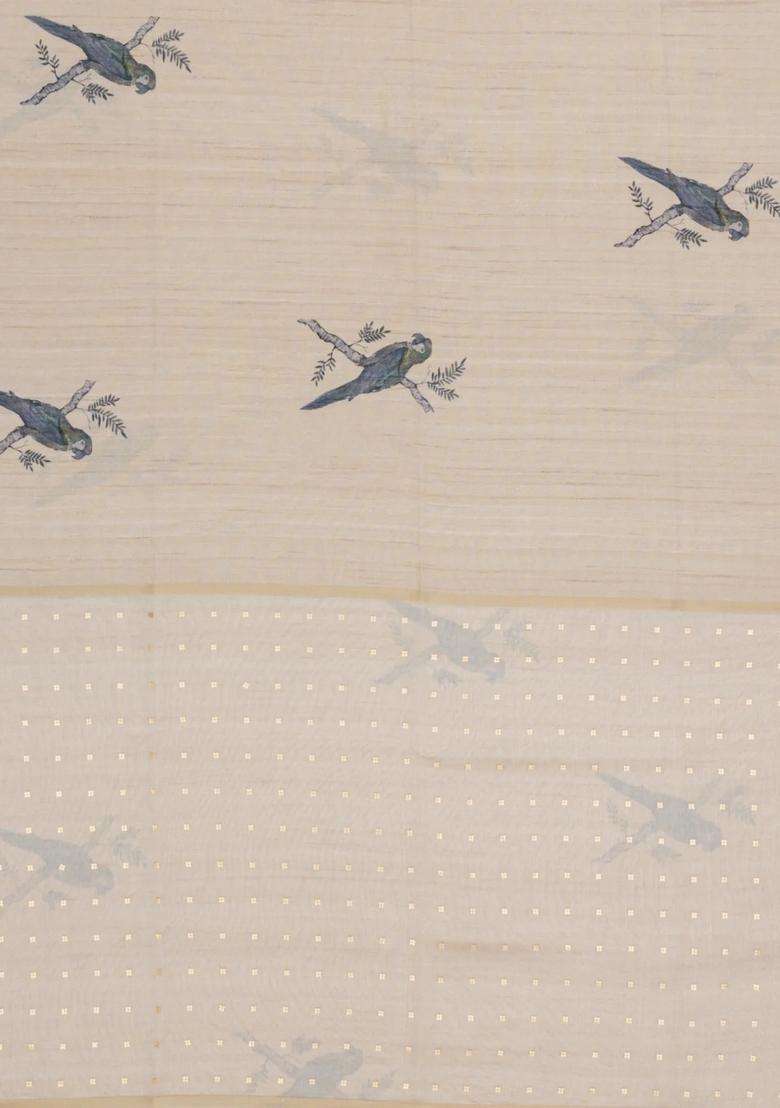 Taupe Woven Synthetic Manipur Silk Saree With Grey Printed Bird Motifs For Women - Indya