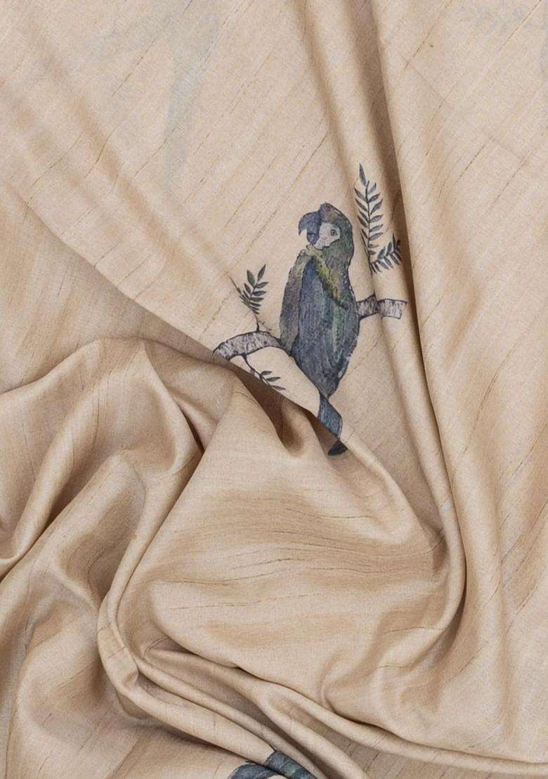 Taupe Woven Synthetic Manipur Silk Saree With Grey Printed Bird Motifs For Women - Indya