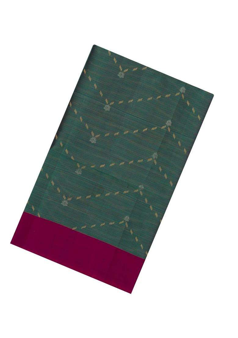 Dark Green Handloom Soft Silk Saree With Zari Stripes Buttas With Buttas And Brocade Design For Women - Indya