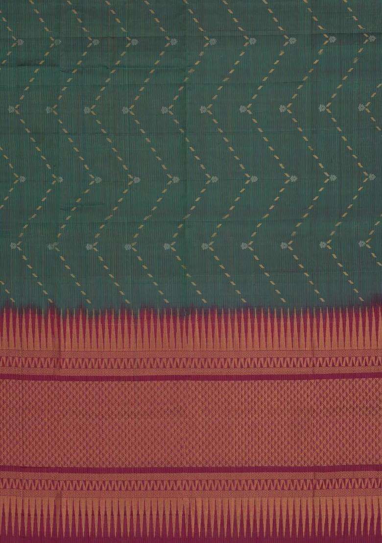 Dark Green Handloom Soft Silk Saree With Zari Stripes Buttas With Buttas And Brocade Design For Women - Indya