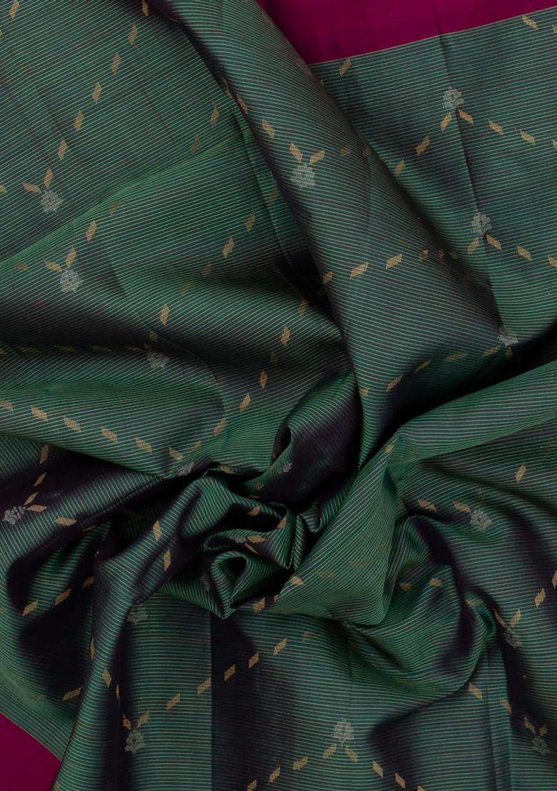 Dark Green Handloom Soft Silk Saree With Zari Stripes Buttas With Buttas And Brocade Design For Women - Indya