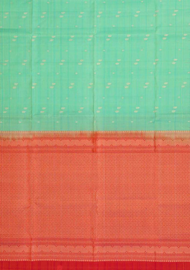 Aquamarine Handloom Soft Silk Saree With Stripes Buttas With Buttas And Brocade Design For Women - Indya