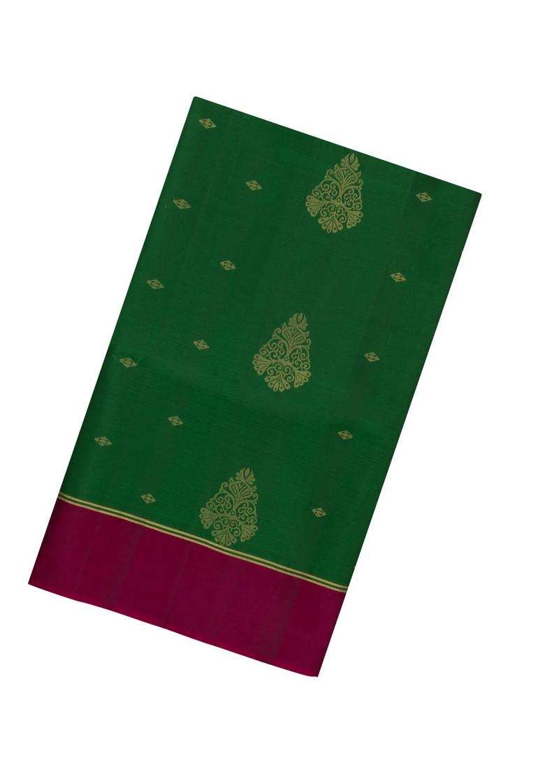 Green Handloom Soft Silk Saree With Floral Buttas Contrast Border With Buttas And Brocade Design For Women - Indya