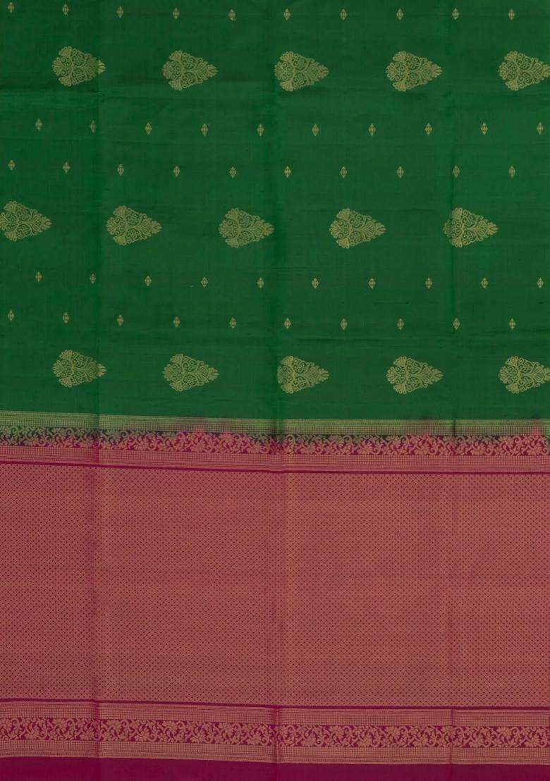 Green Handloom Soft Silk Saree With Floral Buttas Contrast Border With Buttas And Brocade Design For Women - Indya