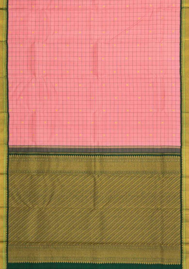 Peach Handloom Korvai Kanchipuram Silk Saree With Checks Buttas With Korvai And Temple Border Design For Women - Indya