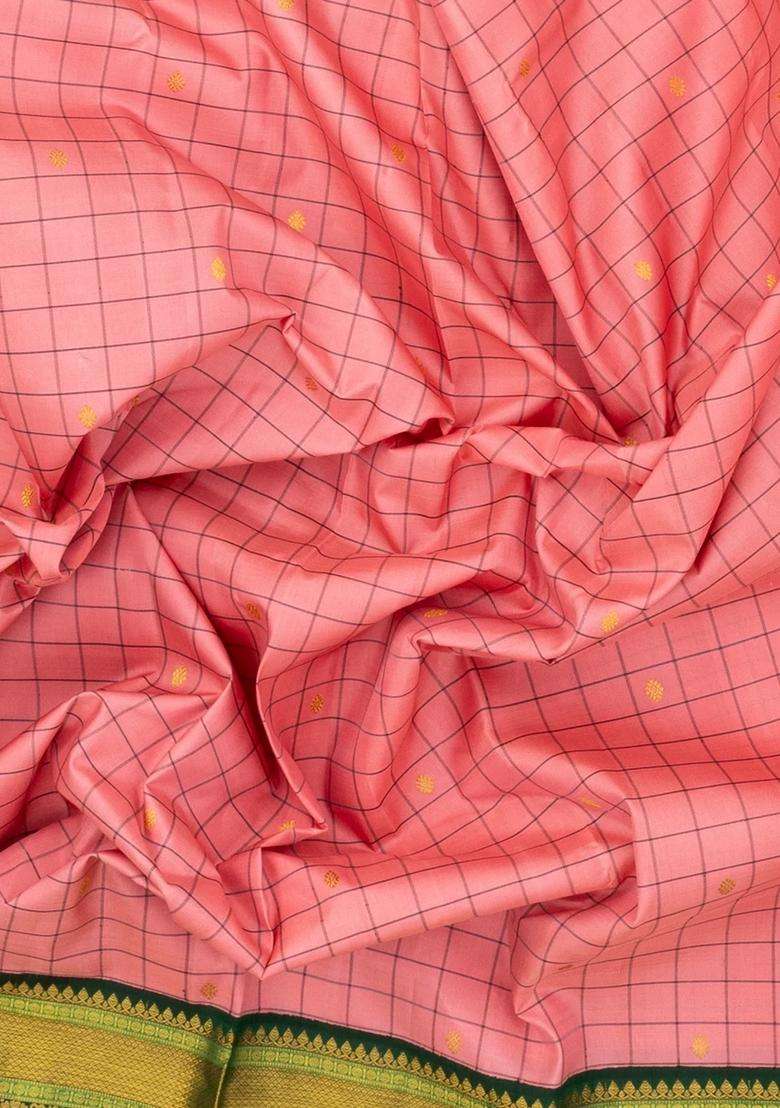 Peach Handloom Korvai Kanchipuram Silk Saree With Checks Buttas With Korvai And Temple Border Design For Women - Indya