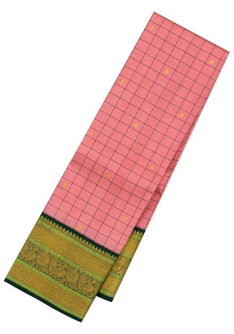 Peach Handloom Korvai Kanchipuram Silk Saree With Checks Buttas With Korvai And Temple Border Design For Women