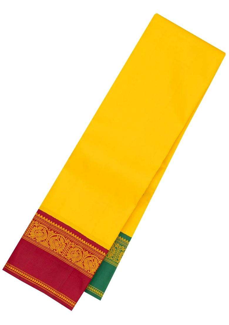 Yellow Handloom Korvai Kanchipuram Silk Saree With Ganga Jamuna Border With Korvai And Temple Border Design For Women - Indya