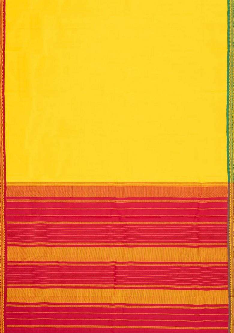 Yellow Handloom Korvai Kanchipuram Silk Saree With Ganga Jamuna Border With Korvai And Temple Border Design For Women - Indya