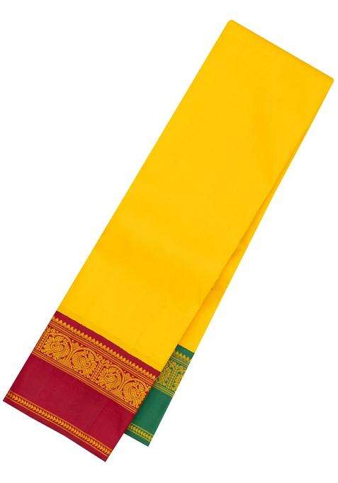 Yellow Handloom Korvai Kanchipuram Silk Saree With Ganga Jamuna Border With Korvai And Temple Border Design For Women