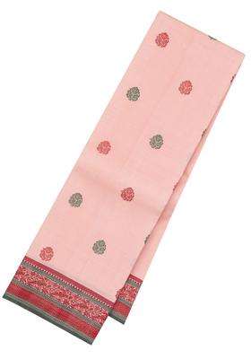 Baby Pink Handloom Korvai Kanchipuram Silk Saree With Thread Work Buttas With Korvai And Temple Border Design For Women